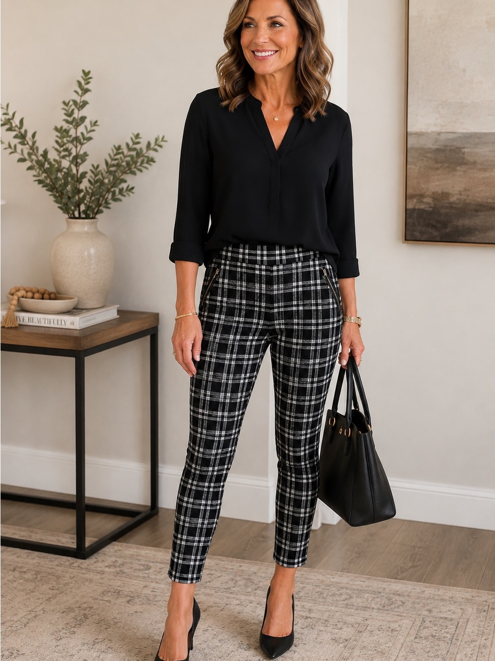 Black & White Plaid Ankle Pants - Women